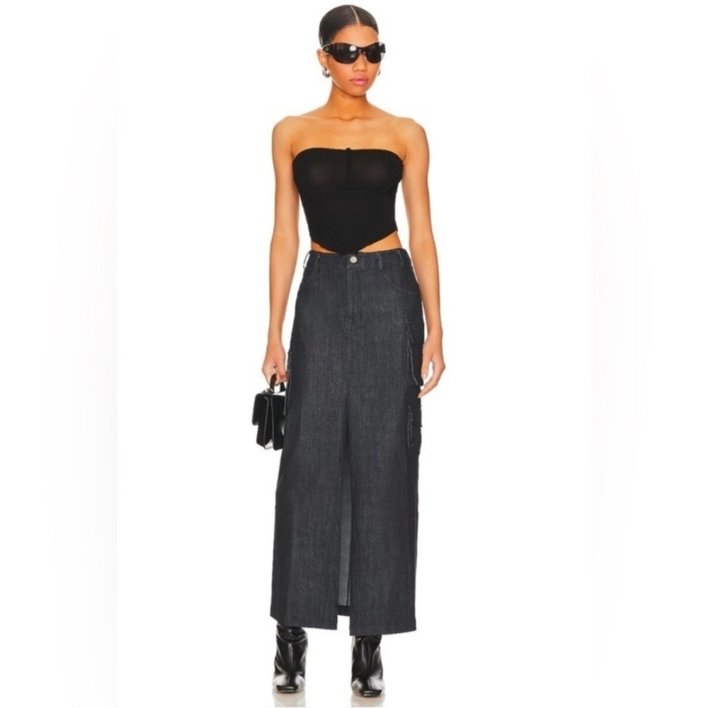 🔥Line & Dot Mora Dark Blue Denim Maxi Skirt with Slit - Picture 3 of 12